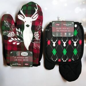Holiday Deer Argyle Cotton Oven Mitt Potholder Set Christmas Winter Seasonal